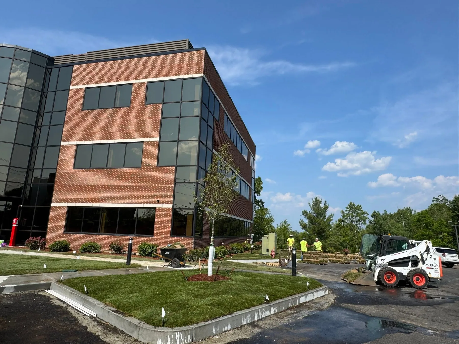 Commercial office landscaping installation in progress
