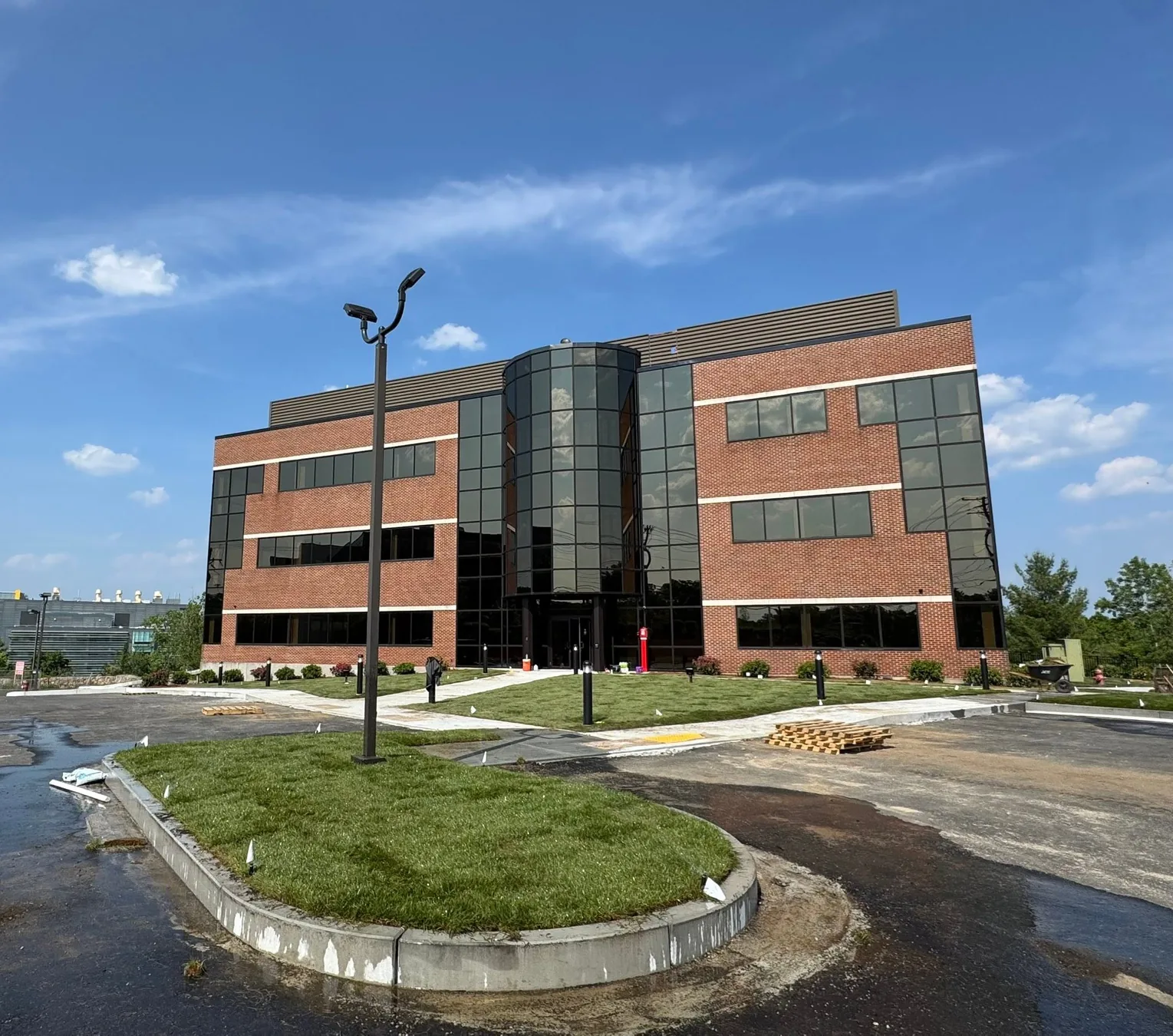 Large commercial office landscape installation with new turf and site improvements